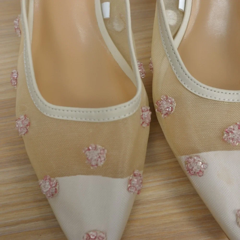 Floral Bead Mule Sandals Women 8.5 Tan Mesh Cottage Fairy Kitten Heel A NEW DAY